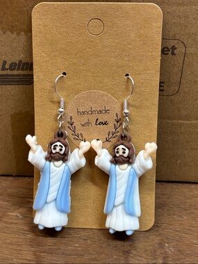 Handmade White and Blue Religious Figure Drop Earrings